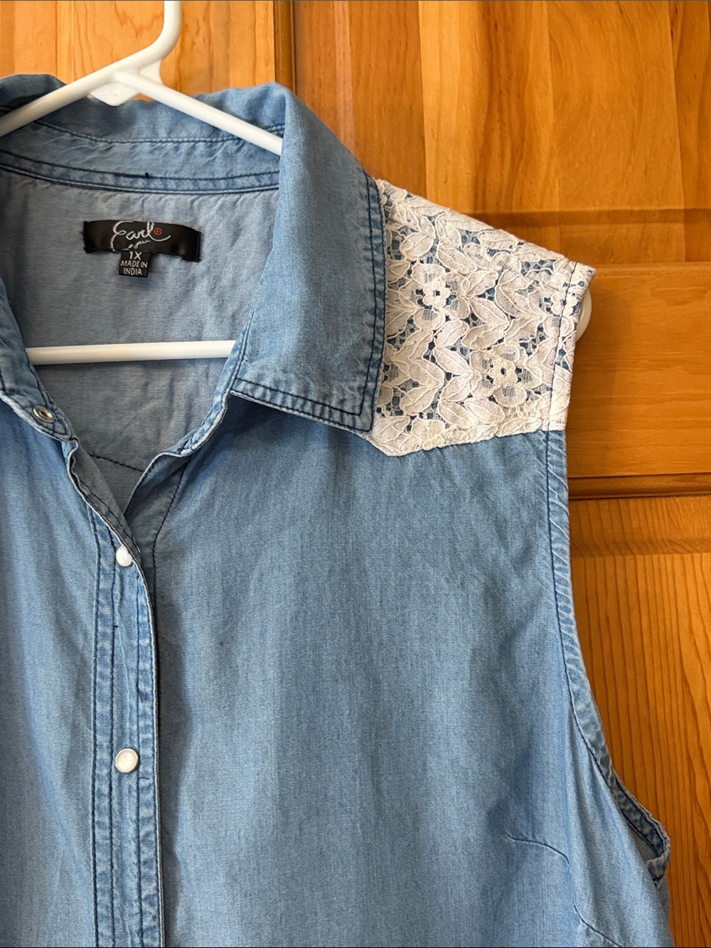 Earl Jeans Light Blue Chambray Sleeveless Shirt with White Lace Yoke